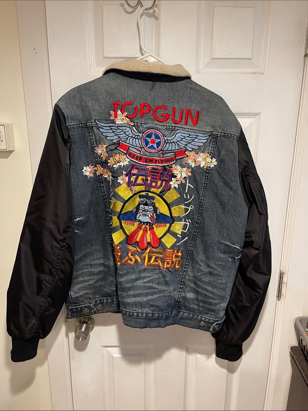 Topgun Blue Denim Bomber Jacket with Black Sleeves - Picture 2 of 3